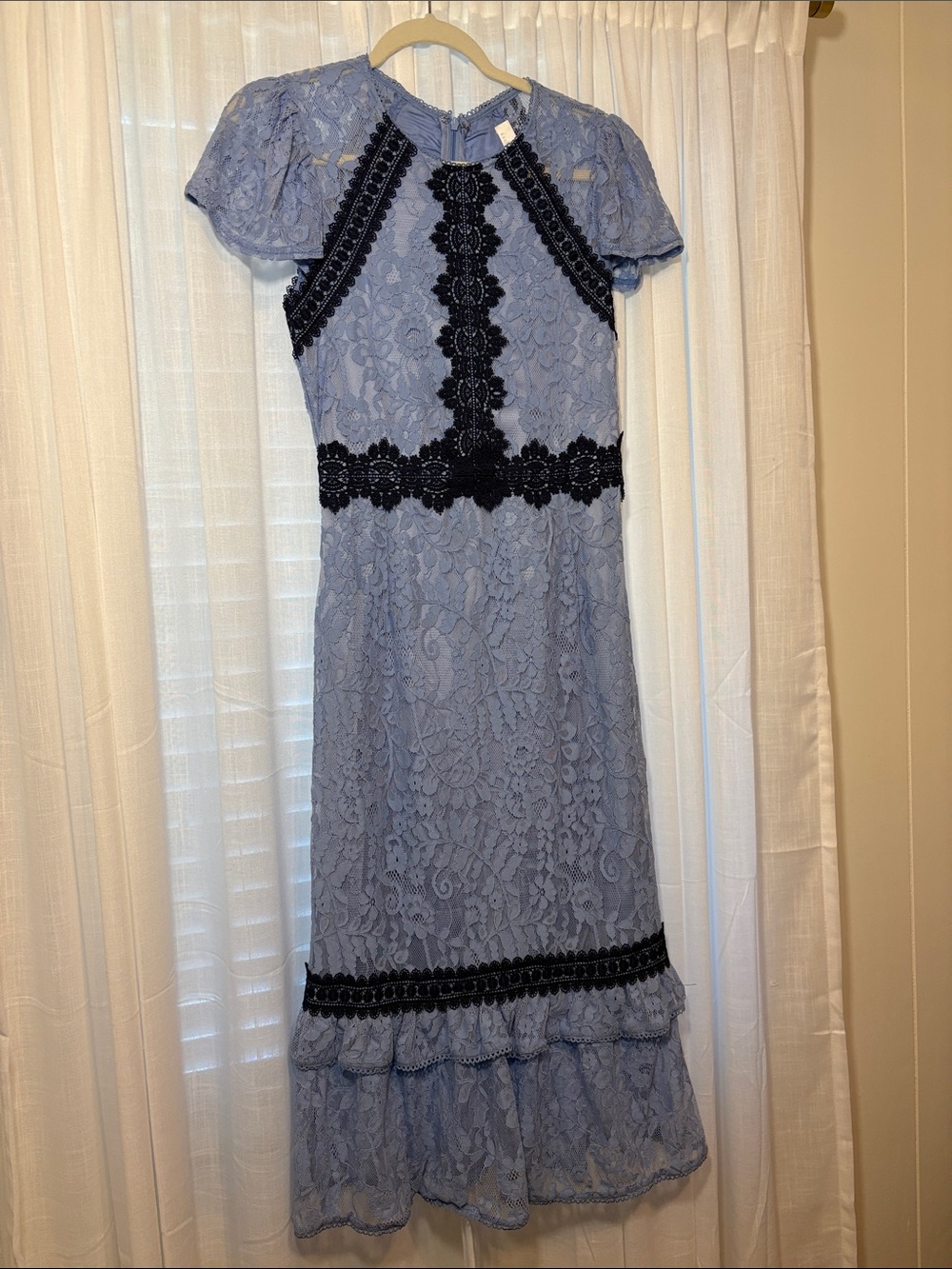 Rachel Parcell Powder Blue Lace Midi Dress with Black Trim